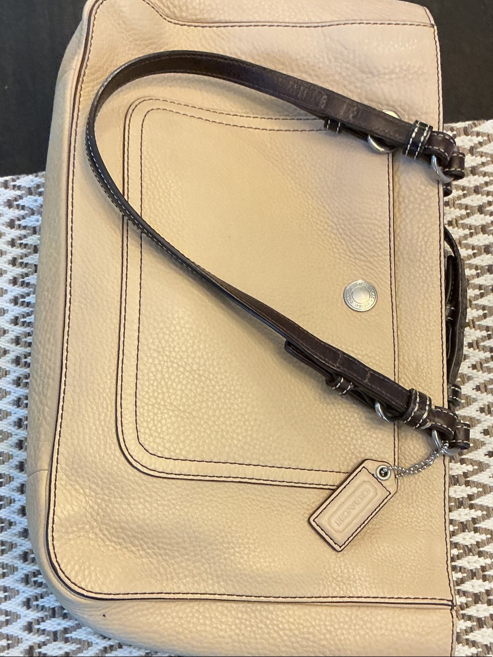 Coach Beige Pebbled Leather Shoulder Bag with Dark Brown Strap